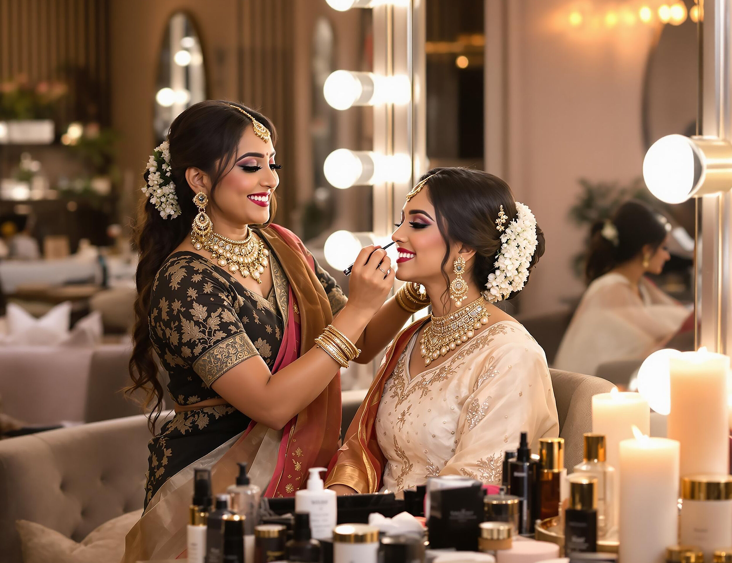 A bride getting eye makeup done by proffesional makeup artist